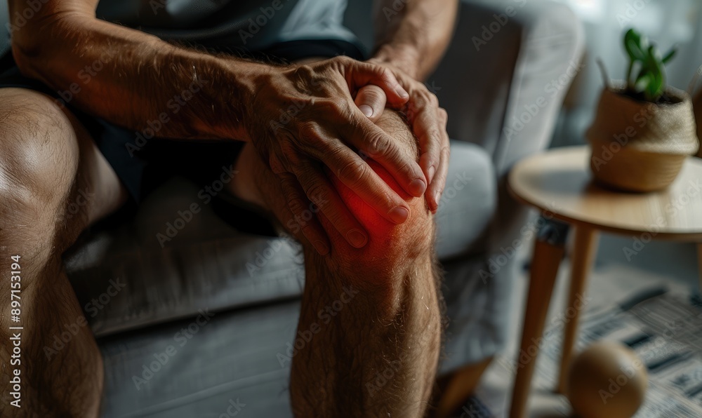 Obraz premium An individual grips their knee, with an area highlighted to indicate joint pain or injury, symbolizing health issues related to physical discomfort and the need for care