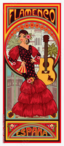Spanish flamenco girl with guitar in art nouveau style, vector illustration