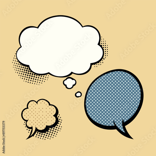 Speech bubbles. Vintage bubbly comedy forms and vintage text bubbles. Clouds of thought and speech with a halftone vector set