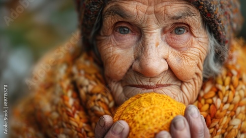 Elderly Woman Holding a Round Fruit in Autumn