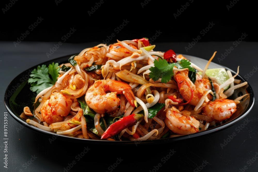 Stir-fried Noodles with Shrimp, Bean Sprouts, and Chili Peppers Stir-fried Noodles with Shrimp, Bean Sprouts, and Chili Peppers
