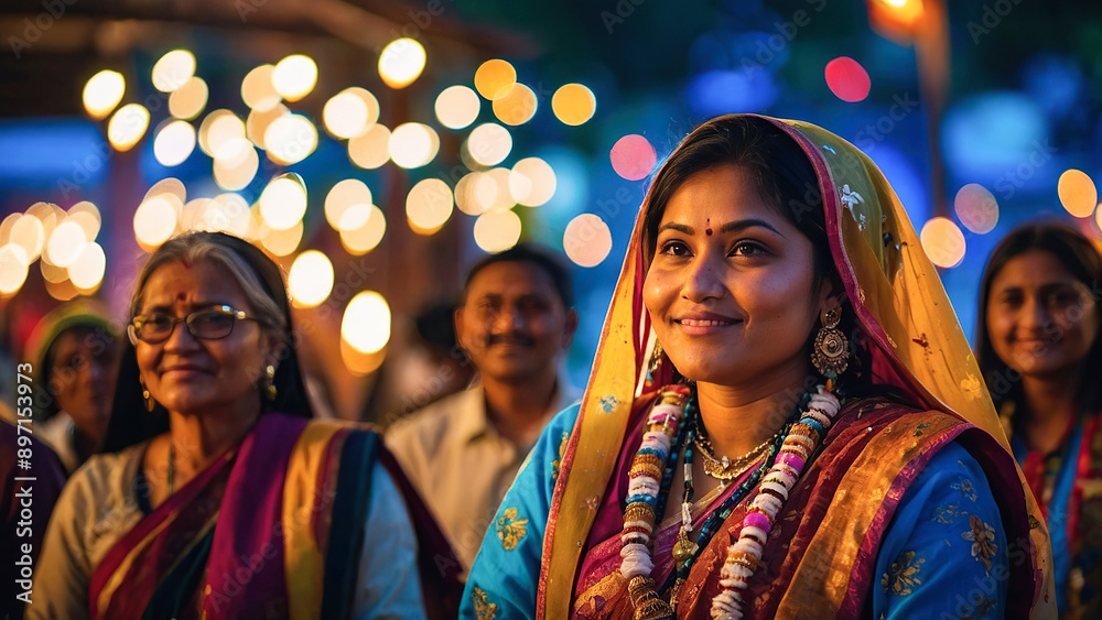 Smiling woman in traditional attire at a festive outdoor event, with beautiful lights and a joyful atmosphere. Smiling woman in traditional attire at a festive outdoor event, with beautiful lights and a joyful atmosphere.