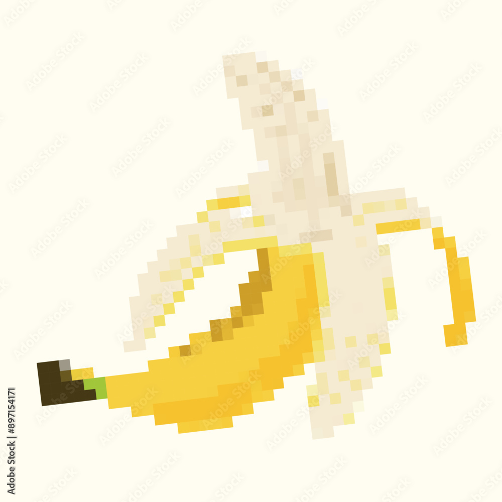 Obraz premium Pixel illustration of a peeled banana. Ideal for digital design, games and educational content.