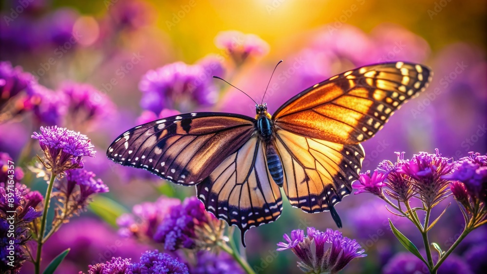 Obraz premium Delicate butterfly with intricate wings and antennae rests on lush purple petals, surrounded by soft focus foliage, evoking serenity and beauty in nature.