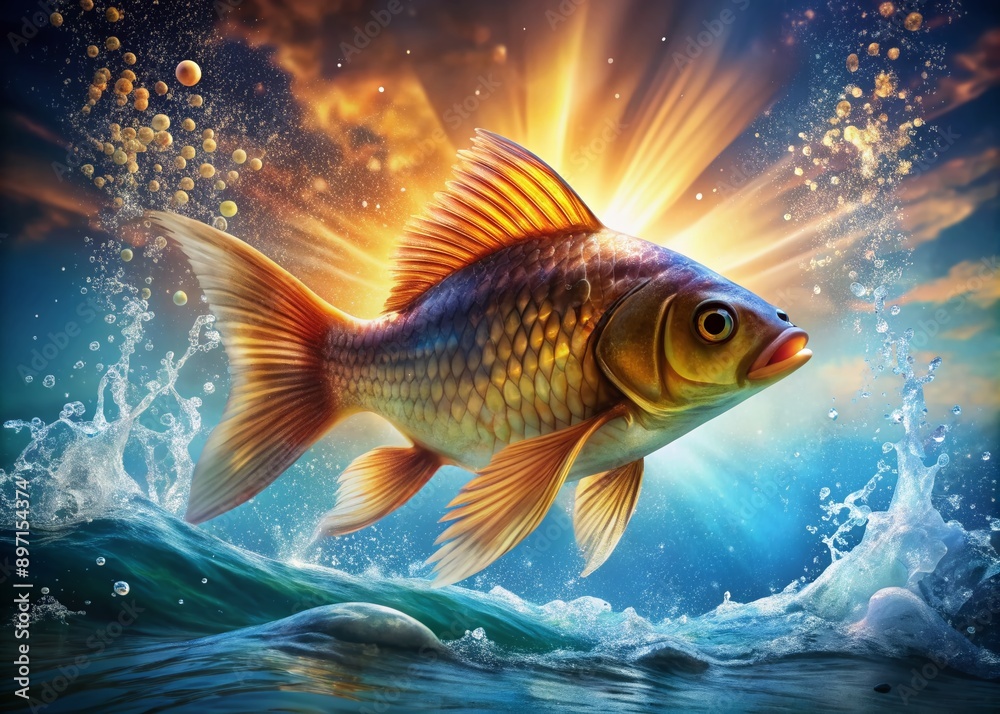 Vibrant fish bursts out of shimmering water, generating a dramatic splash in sunlit ripples, epitomizing unbridled energy and liberty in its underwater world.