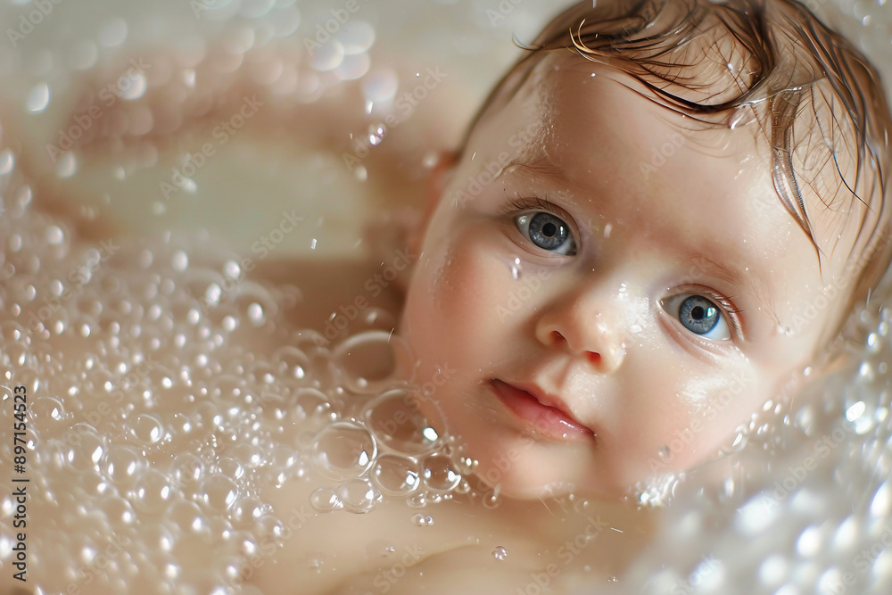 AI generated portrait of cute adorable newborn baby swimming in water AI generated portrait of cute adorable newborn baby swimming in water