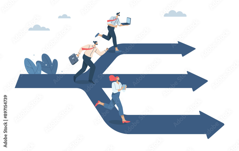 Creating business opportunities and competition, Different options or paths, Different goals, Three businessmen running on the same path towards three way intersection. Vector design illustration. Creating business opportunities and competition, Different options or paths, Different goals, Three businessmen running on the same path towards three way intersection. Vector design illustration.