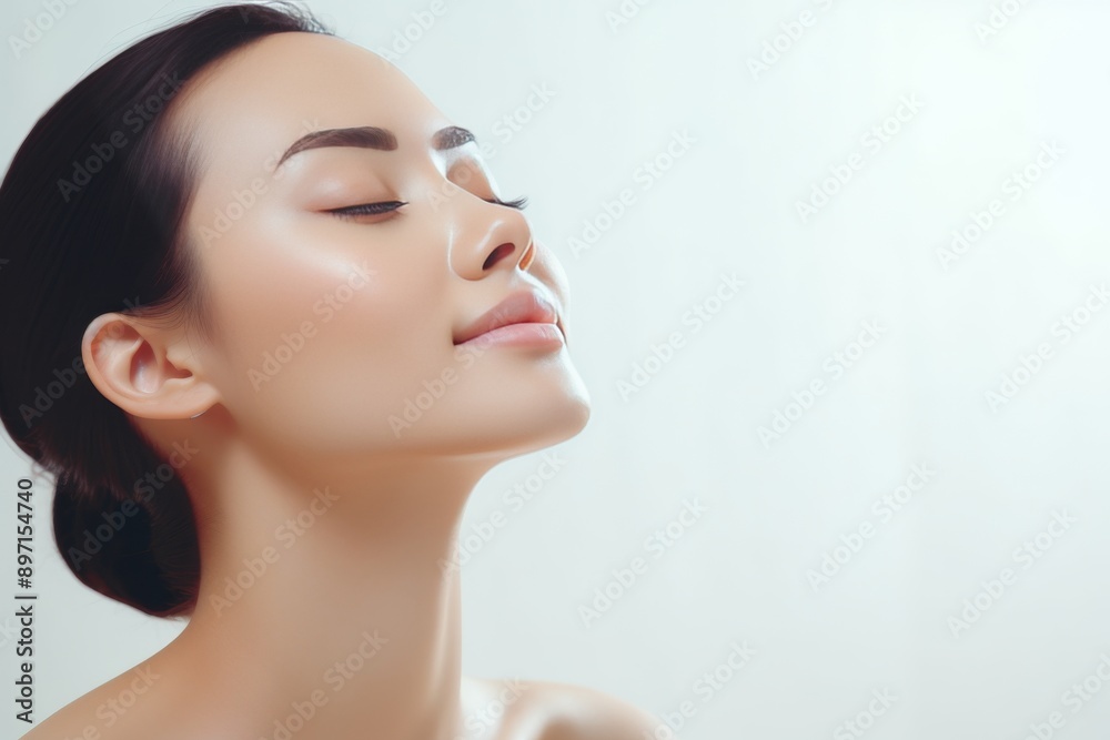 Happy asian woman model with flawless skin, cosmetics concept on clean background Happy asian woman model with flawless skin, cosmetics concept on clean background