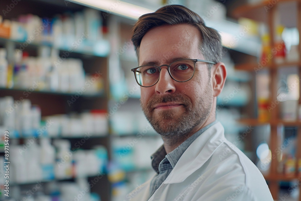 Photo of pharmacist stands in medical robe smiling in pharmacy shop full of medicines generative AI Photo of pharmacist stands in medical robe smiling in pharmacy shop full of medicines generative AI