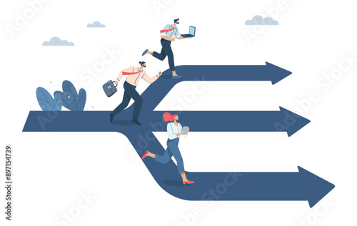 Creating business opportunities and competition, Different options or paths, Different goals, Three businessmen running on the same path towards three way intersection. Vector design illustration.