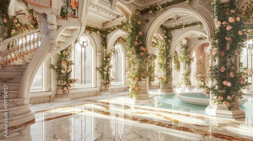 Marble white stairs with flower garlands, fantasy palace or heaven stone stair with floral decorations, fairytale princess castle interior, AI generated image