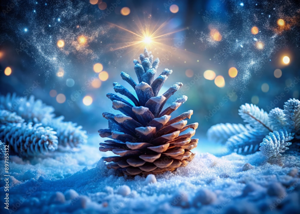 Delicate frozen pine cone glows with an ethereal blue light, its frosted icy texture and intricate details eerily illuminated in a surreal winter wonderland scene. Delicate frozen pine cone glows with an ethereal blue light, its frosted icy texture and intricate details eerily illuminated in a surreal winter wonderland scene.