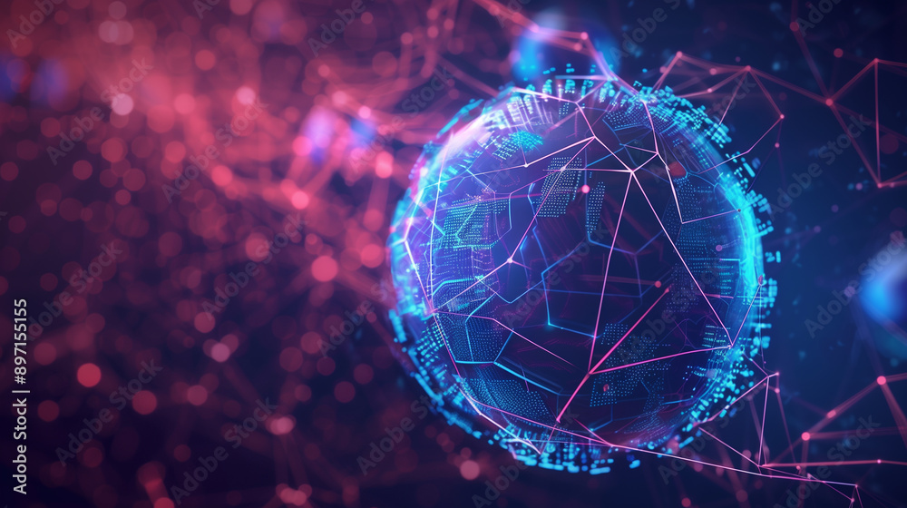 A colorful sphere with a lot of lines and dots surrounding it. The sphere is surrounded by a blurry background A colorful sphere with a lot of lines and dots surrounding it. The sphere is surrounded by a blurry background