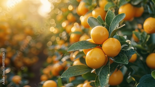 Close-up image of vibrant, ripe oranges hanging on a lush green tree in a sunlit orchard with dew droplets on leaves, showcasing nature's bounty