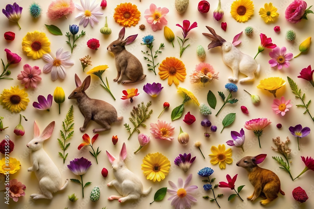 Delicate, vibrant flower petals meticulously arranged to form the intricate silhouettes of small mammals, such as rabbits and squirrels, against a soft, creamy background. Delicate, vibrant flower petals meticulously arranged to form the intricate silhouettes of small mammals, such as rabbits and squirrels, against a soft, creamy background.