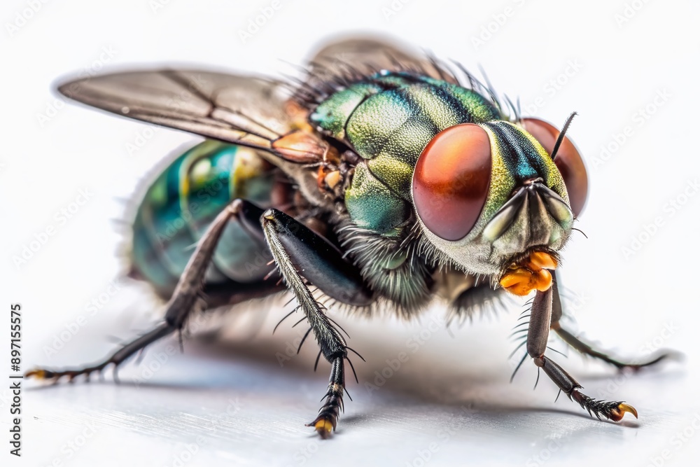 Macro photography of a common housefly perched on a pristine white background, showcasing its intricate body details, compound eyes, and delicate wing texture. Macro photography of a common housefly perched on a pristine white background, showcasing its intricate body details, compound eyes, and delicate wing texture.