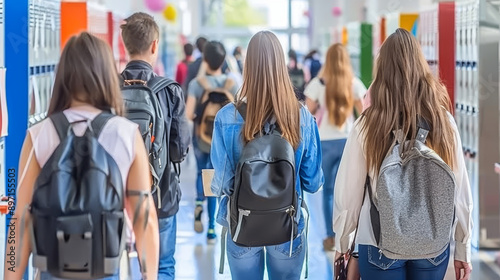 Students walking through a school hallway, carrying backpacks and books, with lockers on both sides, colorful posters on the walls, and a bright, welcoming atmosphere.