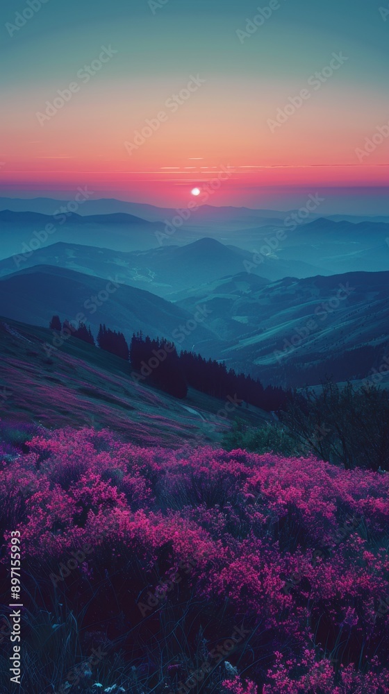 Purple flowers in a field with mountains in the background Purple flowers in a field with mountains in the background
