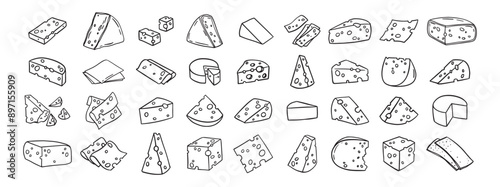 Cheese Doodle hand drawn line icon set. Different piece slice cheese for menu, design restaurant, cafe