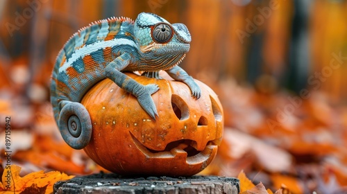 Banner with funny rainbow colored chameleon and Halloween pumpkin, autumn vibes promo background with copy space, AI generated image