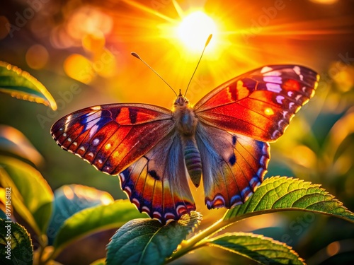 Vibrant colorful butterfly perches on a leaf, wings unfolding, as warm sunset sunlight dances across its delicate features in a stunning macro close-up capture. photo