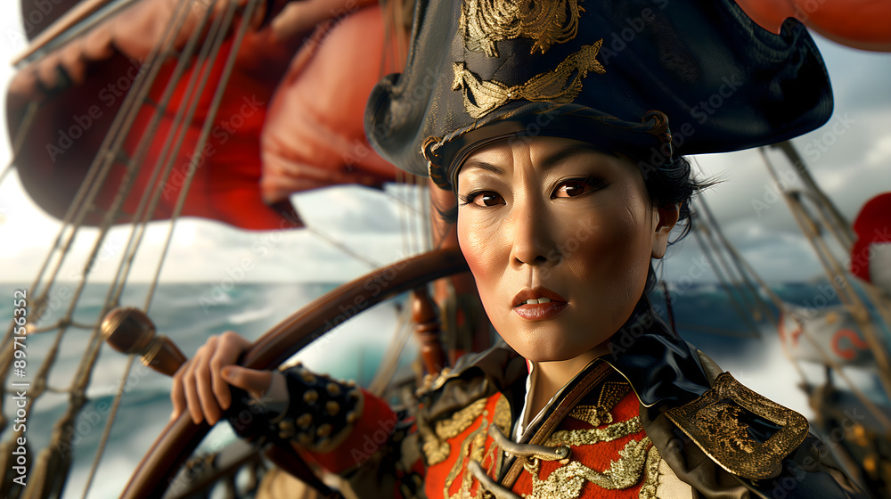 Naklejka premium Stern asian woman pirate captain steering ship