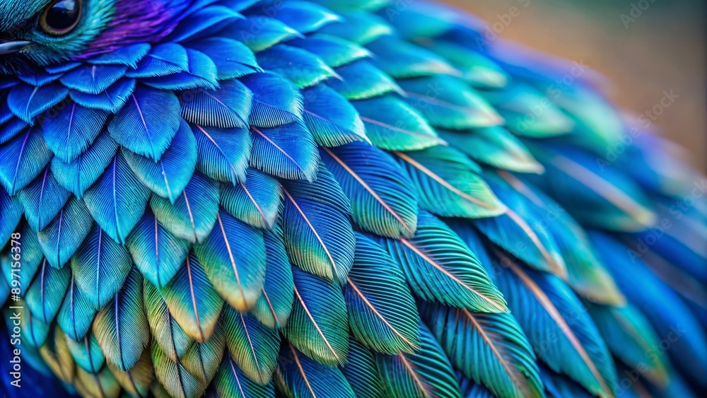 Obraz premium Vibrant blue bird's feathers showcase intricate plumage details, iridescent sheen, and delicate patterns, highlighting nature's majestic beauty in extreme close-up photography.