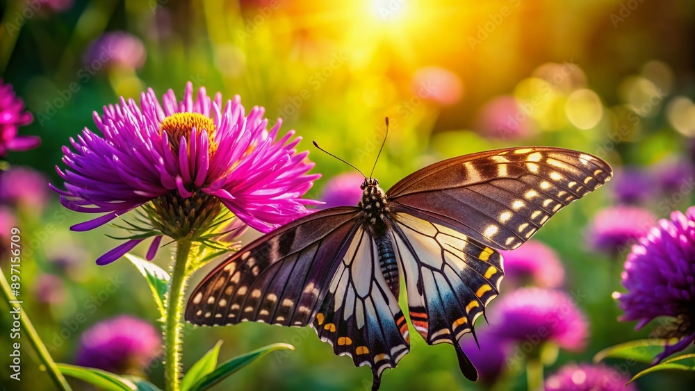 Obraz premium Vibrant purple flower petals cradle a delicate butterfly, its intricate wings folded, as it sips nectar, surrounded by lush green foliage in warm sunlight.