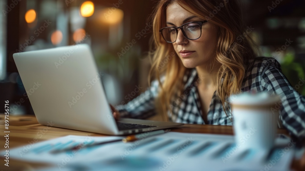 Businesswoman reviewing her investment portfolio on a laptop, representing active financial management Businesswoman reviewing her investment portfolio on a laptop, representing active financial management