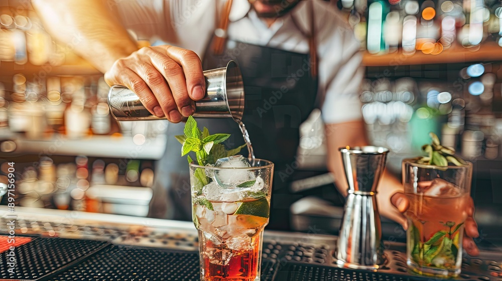 A bartender using a jigger to measure ingredients while mixing a drink. A bartender using a jigger to measure ingredients while mixing a drink.