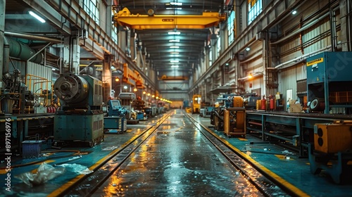 Wide-angle view of a large, modern industrial factory interior showcasing various heavy machinery, equipment, and automated technology in a well-lit environment