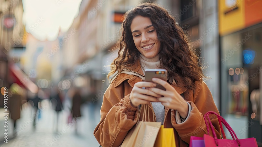 A beautiful young woman smiling as she uses her smartphone while holding shopping bags in one hand. A beautiful young woman smiling as she uses her smartphone while holding shopping bags in one hand.