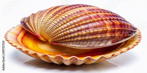 Vibrant close-up of an open clam shell reveals intricate texture and delicate flesh on a pristine white background, highlighting nature's subtle beauty.