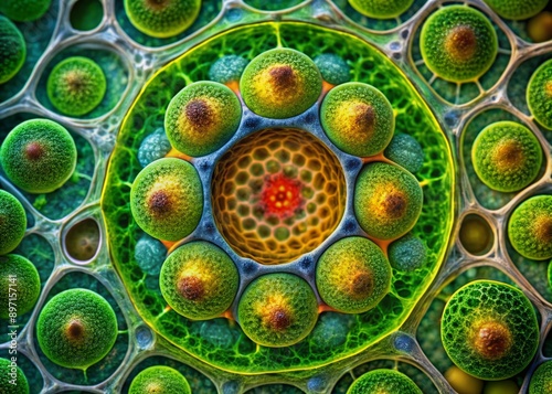 Vibrant microscope image of an onion cell's intricate structure, revealing cellulose walls, nucleus, and chloroplasts in stunning detail, showcasing plant cell beauty. photo