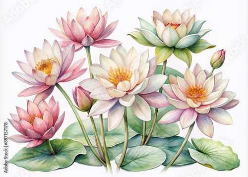 Fototapeta Naklejka Na Ścianę i Meble -  Delicate, hand-painted watercolor water lily flowers in soft pastel hues adorn a pristine white background, perfect for elegant designs and whimsical illustrations.
