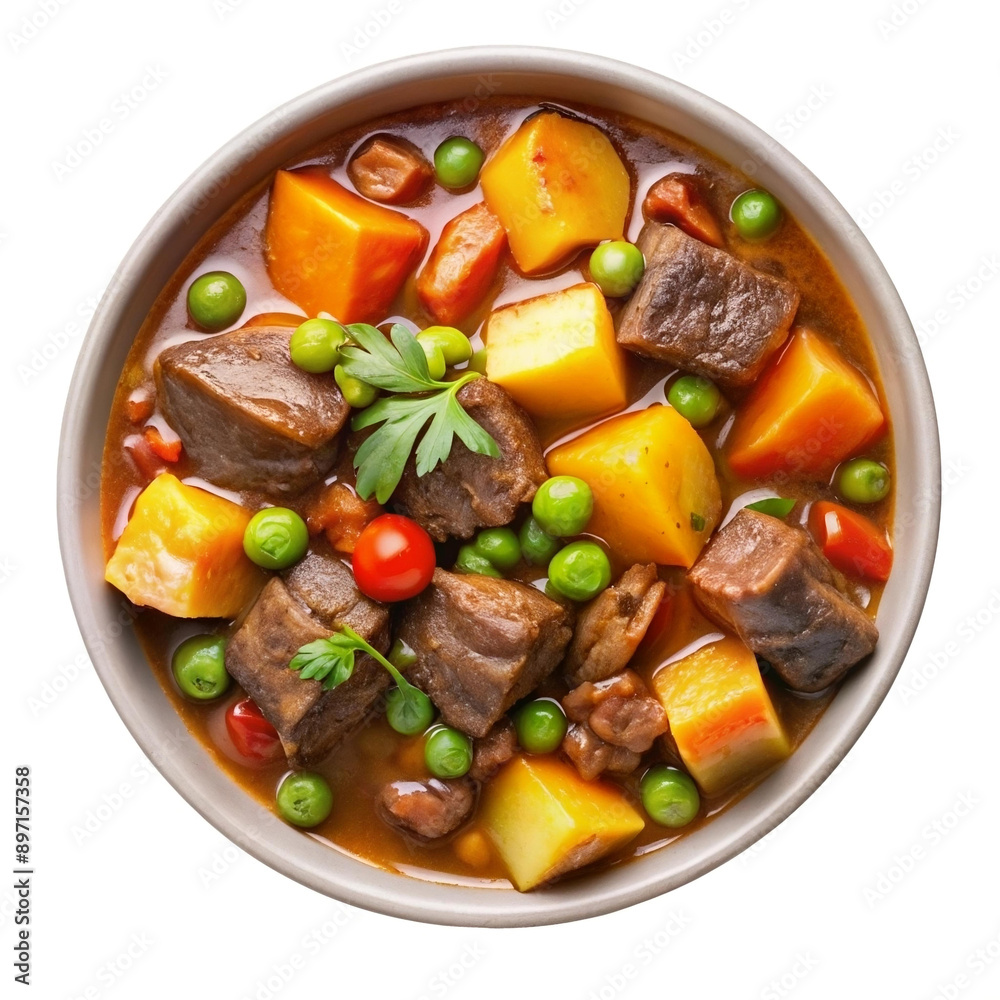 top view bowl of beef and vegetable stew on white background top view bowl of beef and vegetable stew on white background