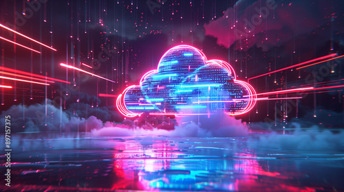 Glowing digital cloud icon with data streams on a clean background, futuristic, technology