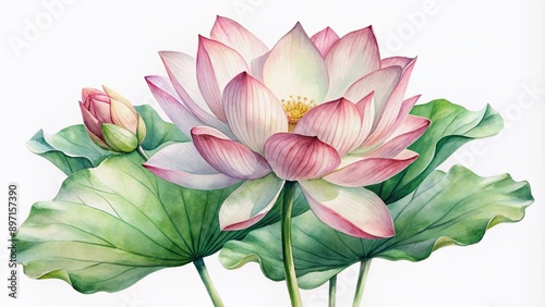Fototapeta Naklejka Na Ścianę i Meble -  Delicate, dreamy watercolor lotus flower blooms on pure white, its soft petals and lush green leaves perfect for designing elegant invitations, posters, fabrics, and more.