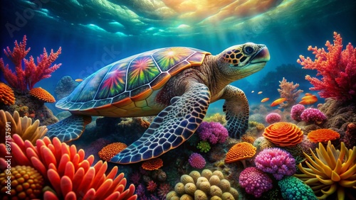 A vibrant, intricately detailed turtle shell covered in colorful coral, delicate seaweed, and majestic anemones, creating a mesmerizing underwater scene of natural beauty.