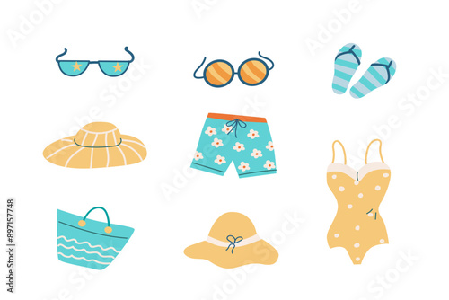 Beach party scrapbooking elements collection. Summer stickers, doodle icons pack. Set cute summer beach elements - clothes and other sea vacation accessories.
