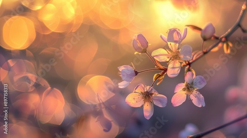 Blooming twig against blurred light backdrop