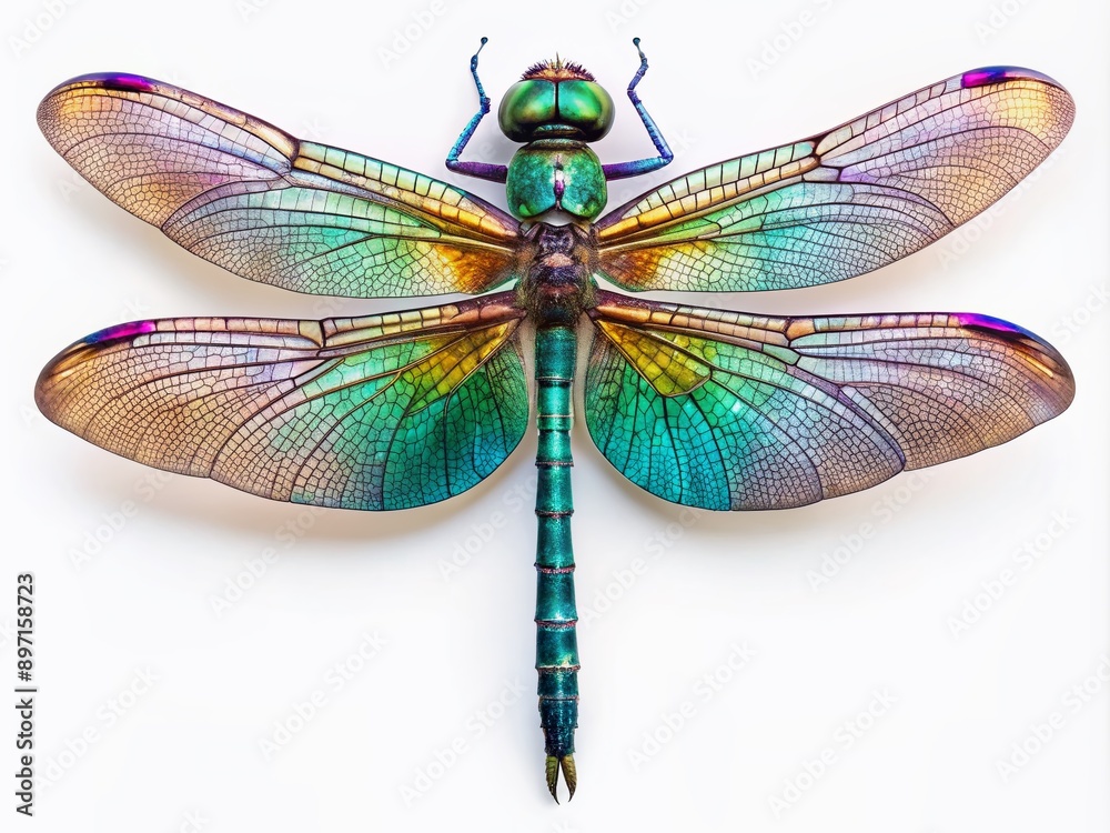 Vibrant iridescent dragonfly with delicate wings and body, showcasing intricate details, perched on a pristine white background, perfect for nature and wildlife enthusiasts. Vibrant iridescent dragonfly with delicate wings and body, showcasing intricate details, perched on a pristine white background, perfect for nature and wildlife enthusiasts.