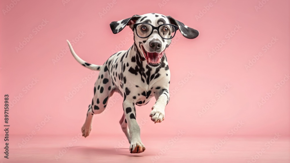 Adorable Dalmatian dog wearing trendy black glasses runs playfully on a bright, clean, pastel pink background with energetic enthusiasm. Adorable Dalmatian dog wearing trendy black glasses runs playfully on a bright, clean, pastel pink background with energetic enthusiasm.