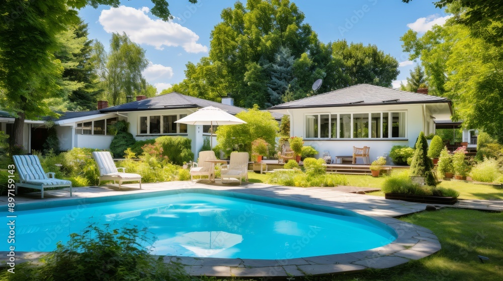 Vast and elegant backyard of a contemporary country residence with a stylish swimming pool Vast and elegant backyard of a contemporary country residence with a stylish swimming pool