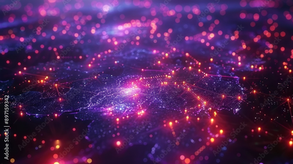 AI-based connectivity map, jet black background, holographic magenta lines, glowing points of contact, high-tech and sleek. AI-based connectivity map, jet black background, holographic magenta lines, glowing points of contact, high-tech and sleek.