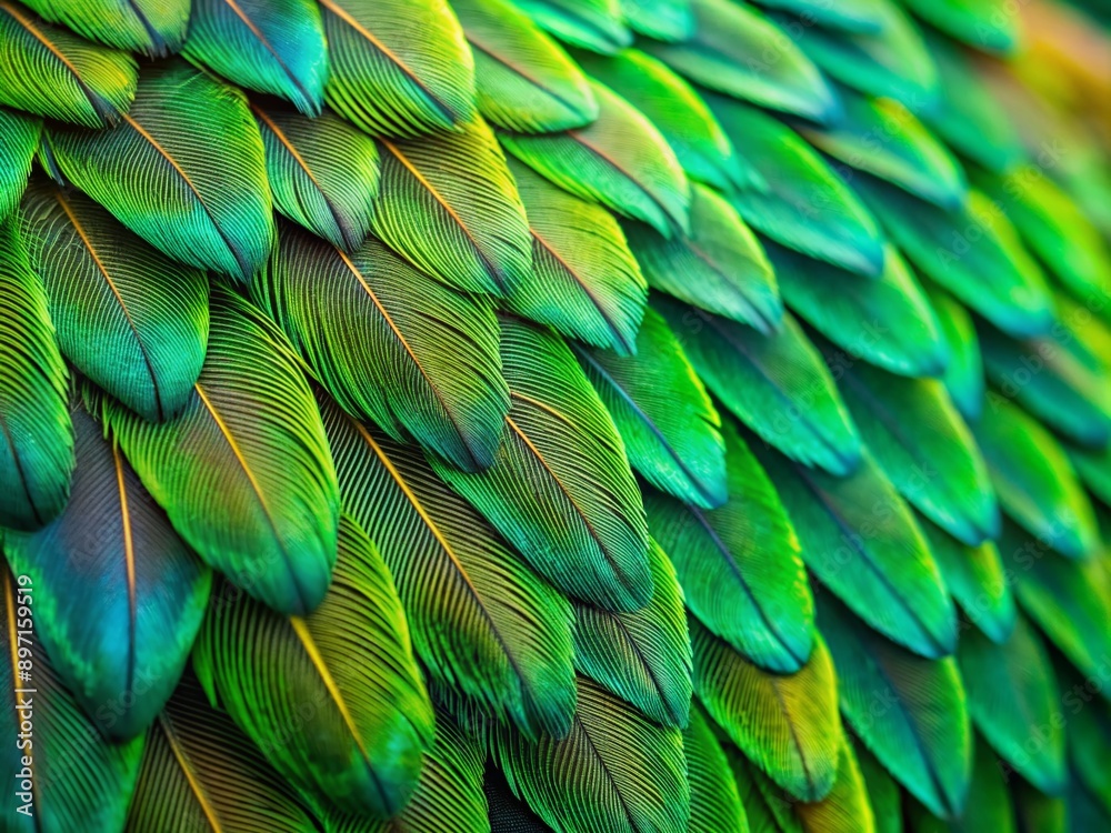 Obraz premium Vibrant green and emerald toned bird's feather fills the frame, showcasing intricate patterns, soft barbs, and delicate texture in stunning close-up detail.