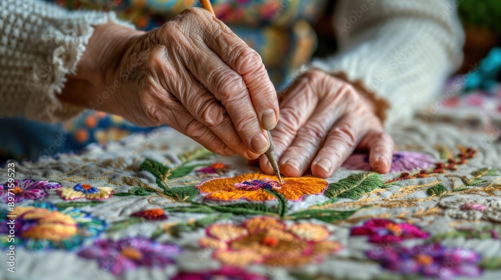 A woman practicing embroidery, illustrating detailed and creative crafts A woman practicing embroidery, illustrating detailed and creative crafts
