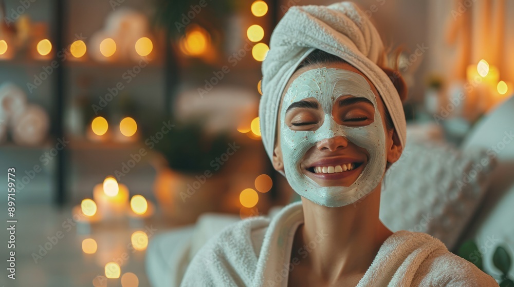 A woman enjoying a spa day at home with candles and a facial mask, emphasizing self-care and relaxation