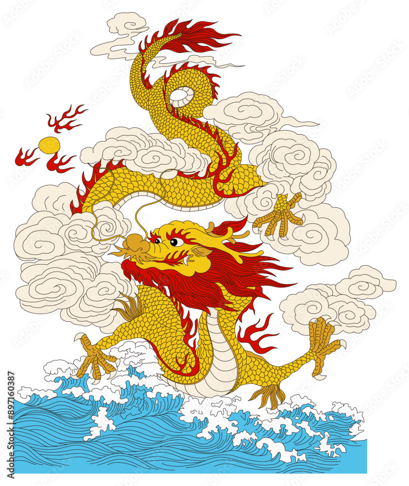 dragon. The golden dragon rides on the clouds above the sea water. Year of the Dragon. Vector line drawing color illustration. dragon. The golden dragon rides on the clouds above the sea water. Year of the Dragon. Vector line drawing color illustration.