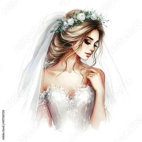 A watercolor portrait of a bride